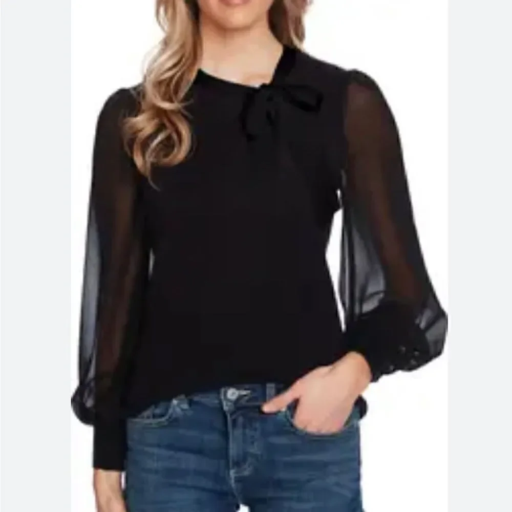 CeCe tie neck black multi medium sweater with chiffon sleeves size XS NWT